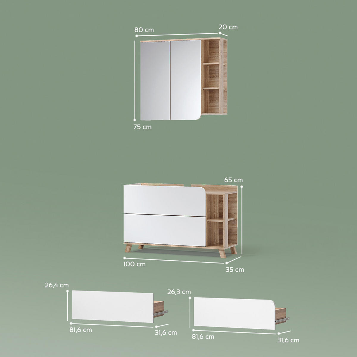 KOMPLET KOPALNIŠKEGA POHIŠTVA Marano, Sonoma/Bela, 2-delni - bela/hrast sonoma, leseni material (100/65/35cm) - Livinity®