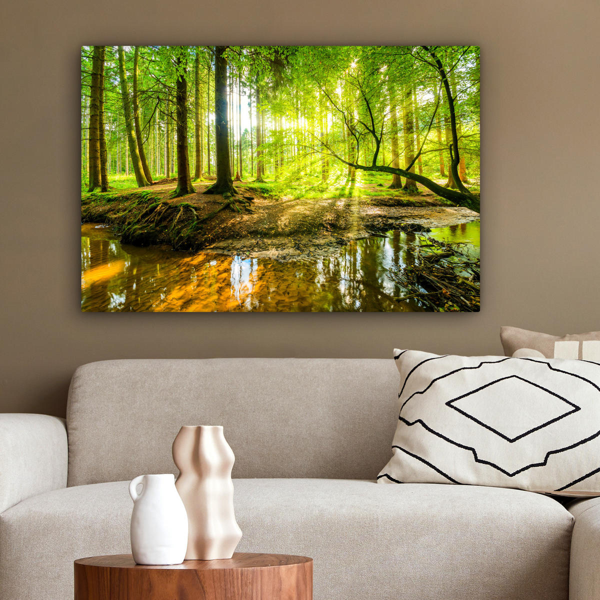 LEINWANDBILD Wald - Landschaft - Wasser - Bäume - Sonne - Grün - Natur Gemälde 60x40 cm - Grün, Textil (60/40cm) - MuchoWow