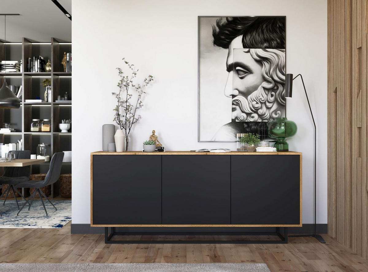 KOMMODE Apollo 3D Eiche wotan Schwarz Matt 168 cm - Schwarz, Holzwerkstoff/Metall (168/72/35cm) - Meble Lindner