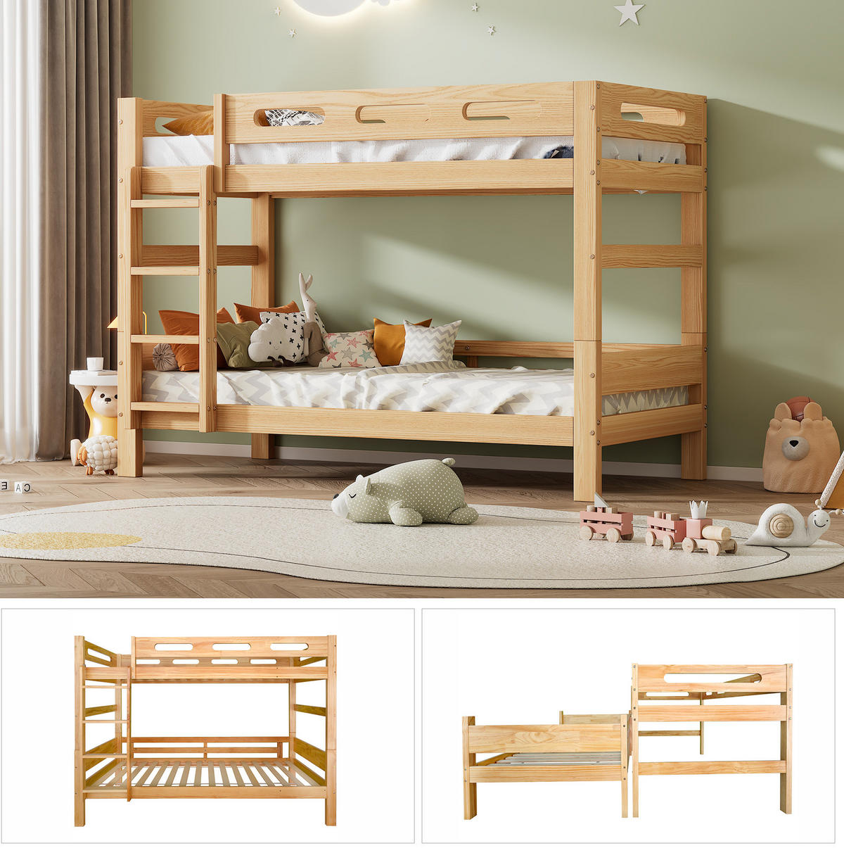 ETAGENBETT 90/200 cm in Natur aus Kiefer mit Trennfunktion - Naturfarben, Holz (90/200cm) - OKMYHOME