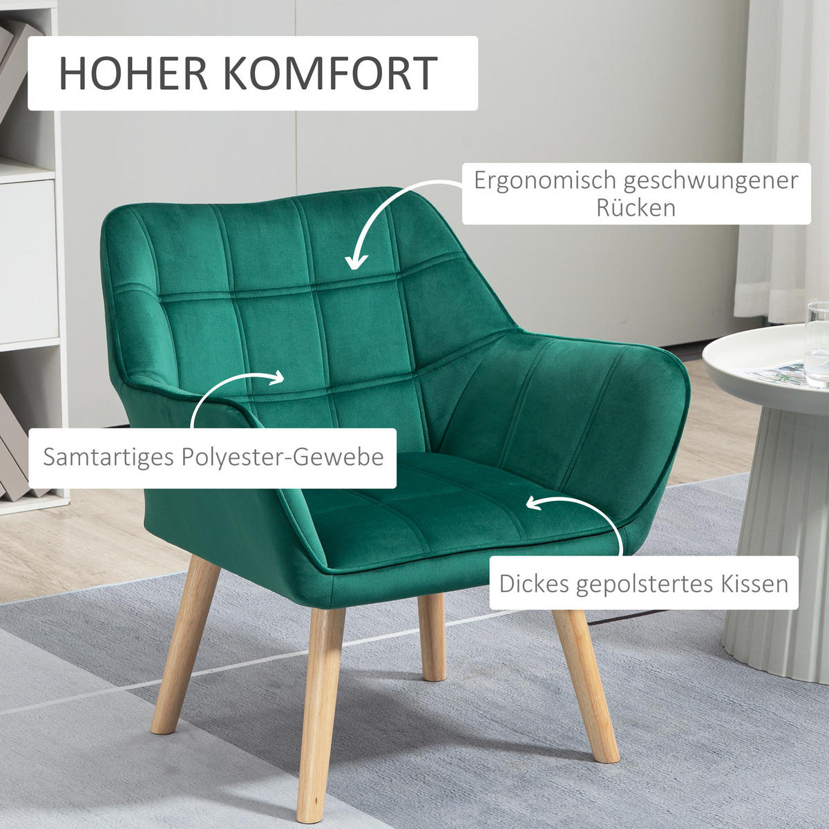 EINZELSESSEL Armlehnsessel Relaxsessel mit Holzbeine, Samtoptik, bis 120 kg Grün - Grün, Kunststoff (61.5/71/67cm) - HOMCOM