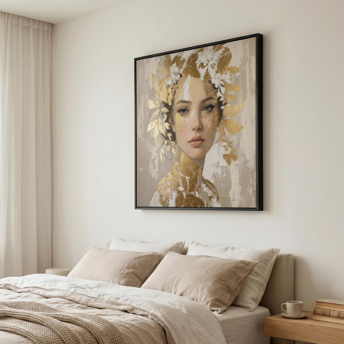 LEINWAND Bilder mit Rahmen - Gesicht - Frau - Blätter - Gold - 90x90 - Beige, Textil (90/90cm) - MuchoWow