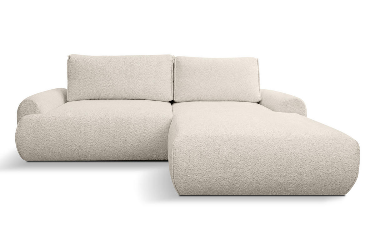 ECKSOFA Moon in L-Form mit Schlaffunktion und Bettkasten, Farbe: Beige, Bouclé-Stoff, Ottomane Rechts - Beige, Textil (260/136cm) - VENASI MÖBEL