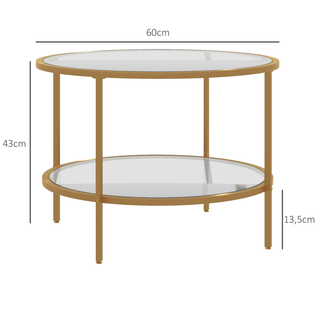 BEISTELLTISCH Ø60/43 cm mit 2 Ebenen, Glasplatte und Stahlrahmen, Gold - Goldfarben, Glas (60/60/43cm) - Redom