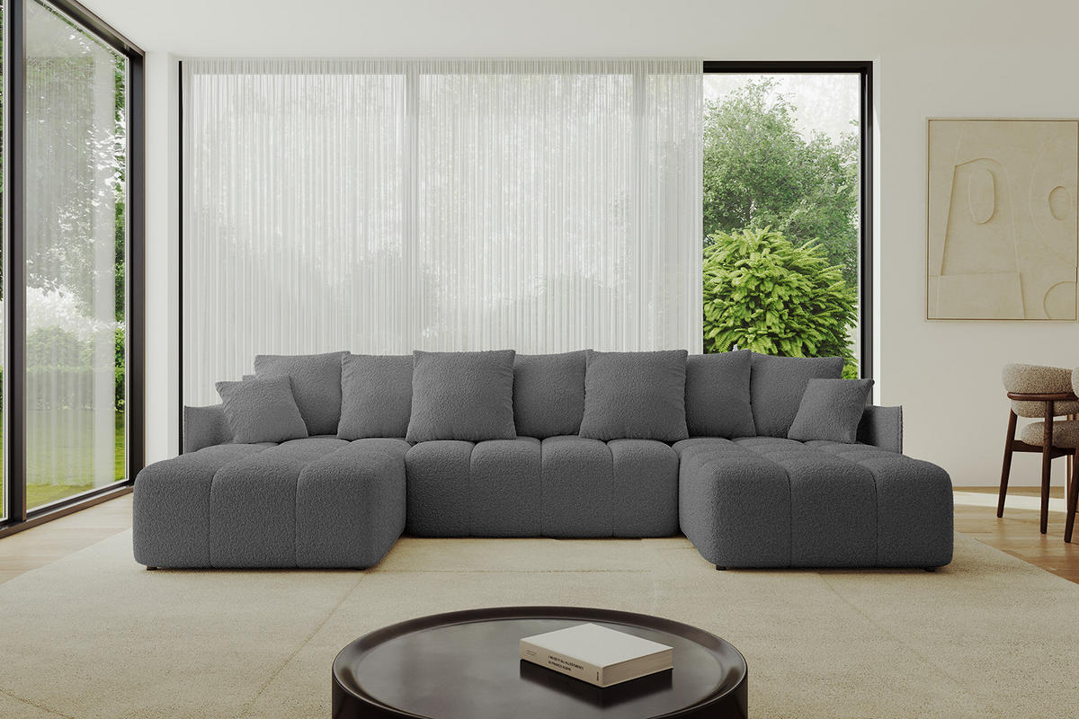 WOHNLANDSCHAFT LONLI-U 355x189x68 Grau Bouclé - Platinfarben, Holzwerkstoff/Kunststoff (355/68/189cm) - ALTDECOR
