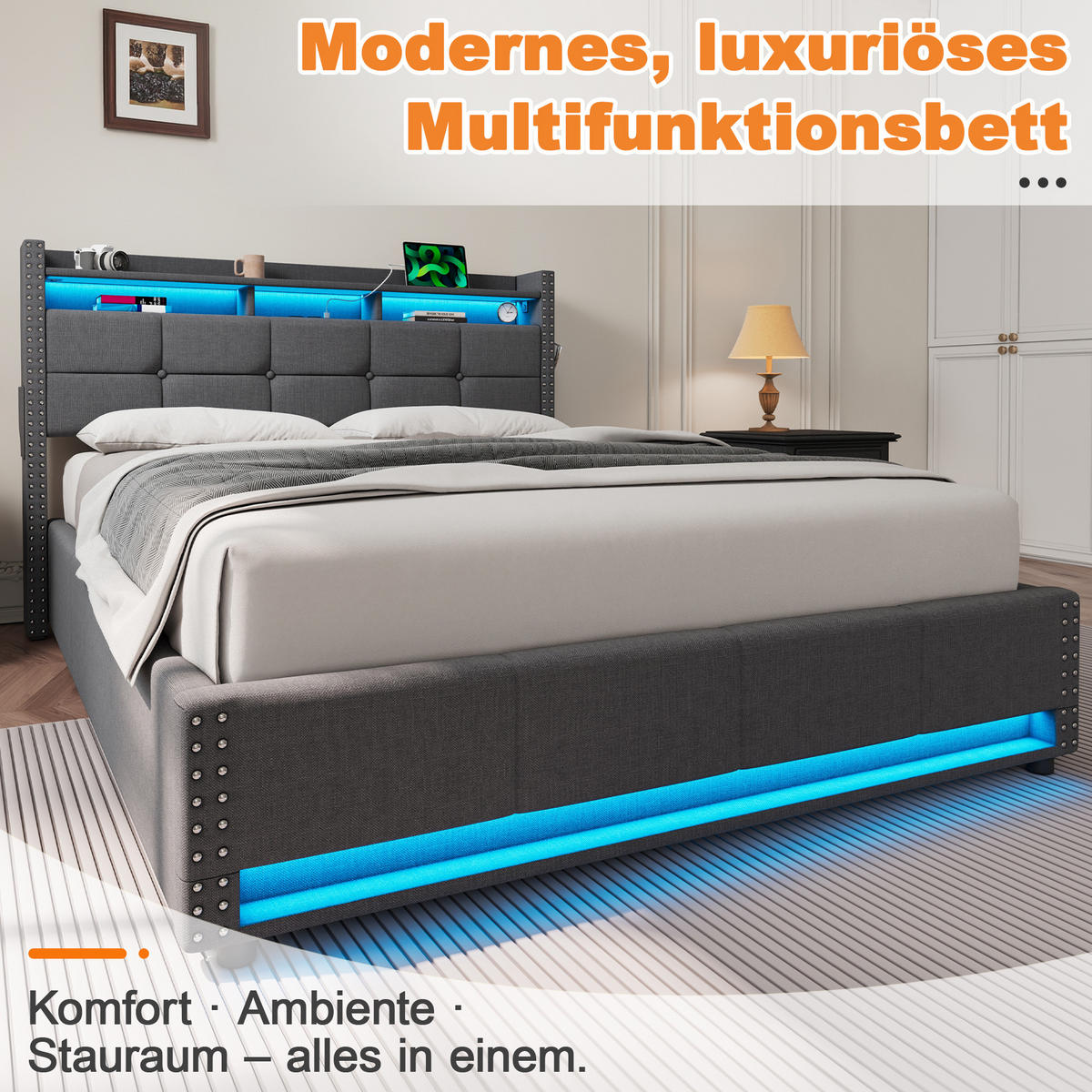 POLSTERBETT 140/200 cm Dunkelgrau mit LED & USB - Dunkelgrau, Textil (140/200cm) - Flora Grace
