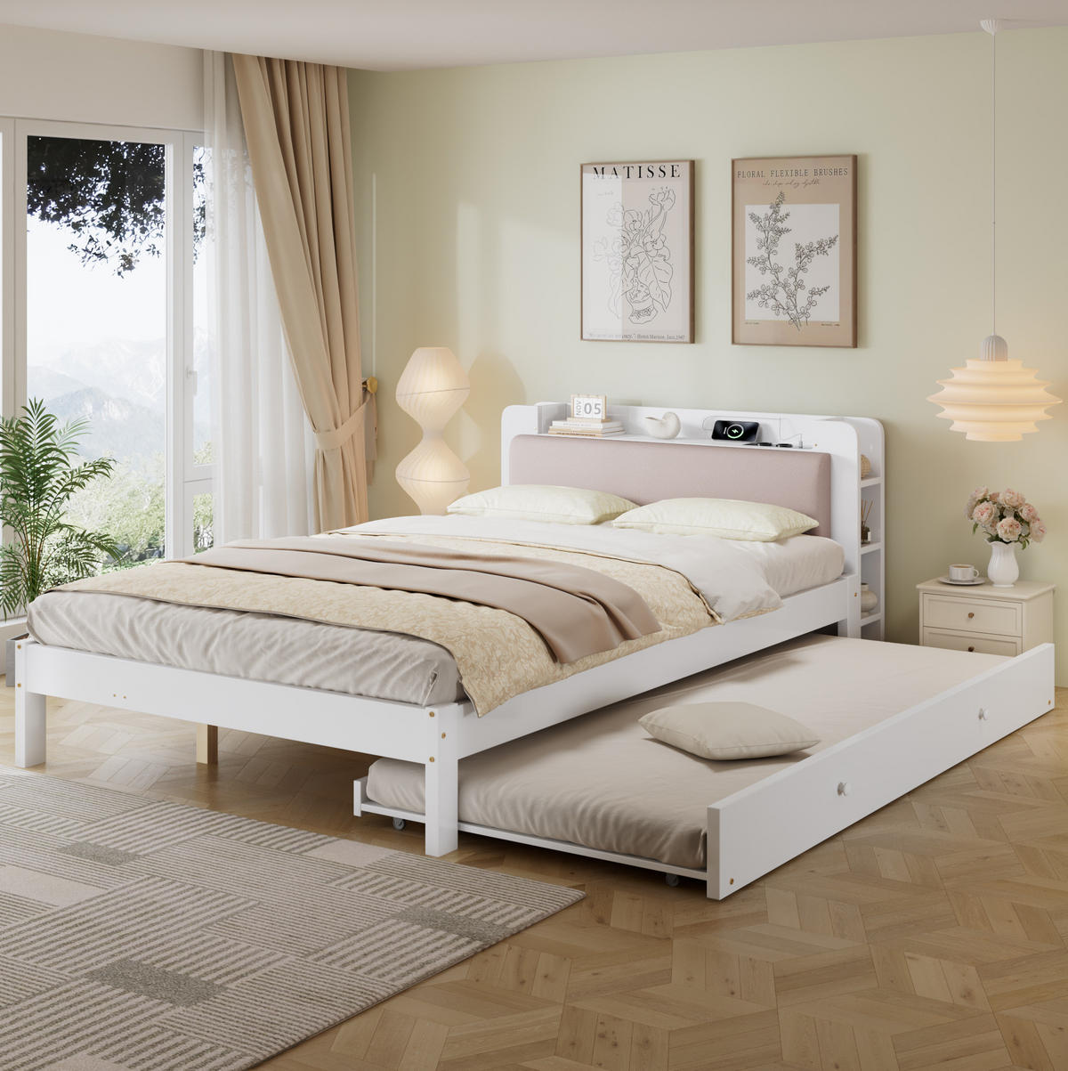 FUNKTIONSBETT aus Kiefer und MDF 120x200 cm Weiß mit Ausziehbett 90x190 cm und Ladestation - Weiß, Holz (120/200cm) - IVMEU
