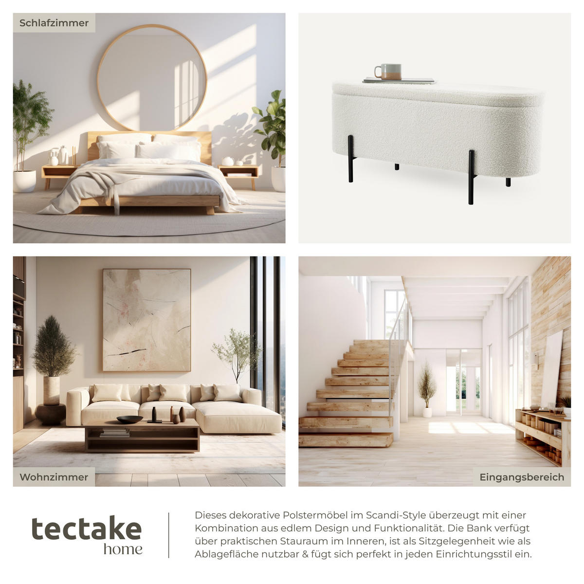 SITZBANK Lanja,97 x 36 x 42 cm,Bouclé creme-weiß - Creme/Weiß, Holz (36/42/97cm) - tectake