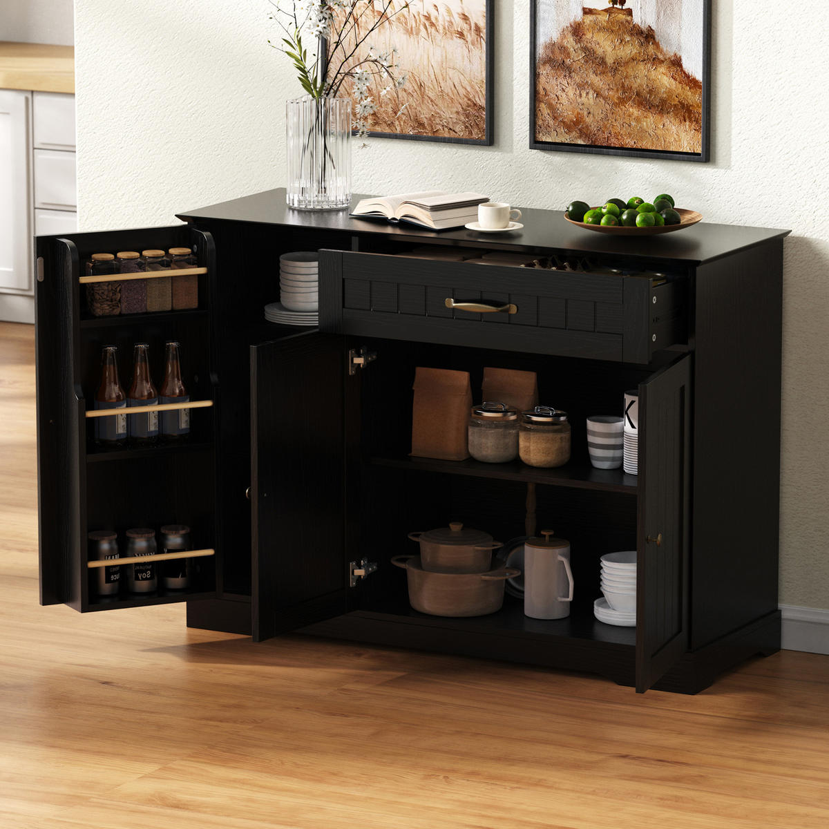 SIDEBOARD in Schwarz mit 3 Türen und 1 Schublade aus MDF,107/83.4/40 cm - Schwarz, Holzwerkstoff (107/83.4/40cm) - Flora Grace