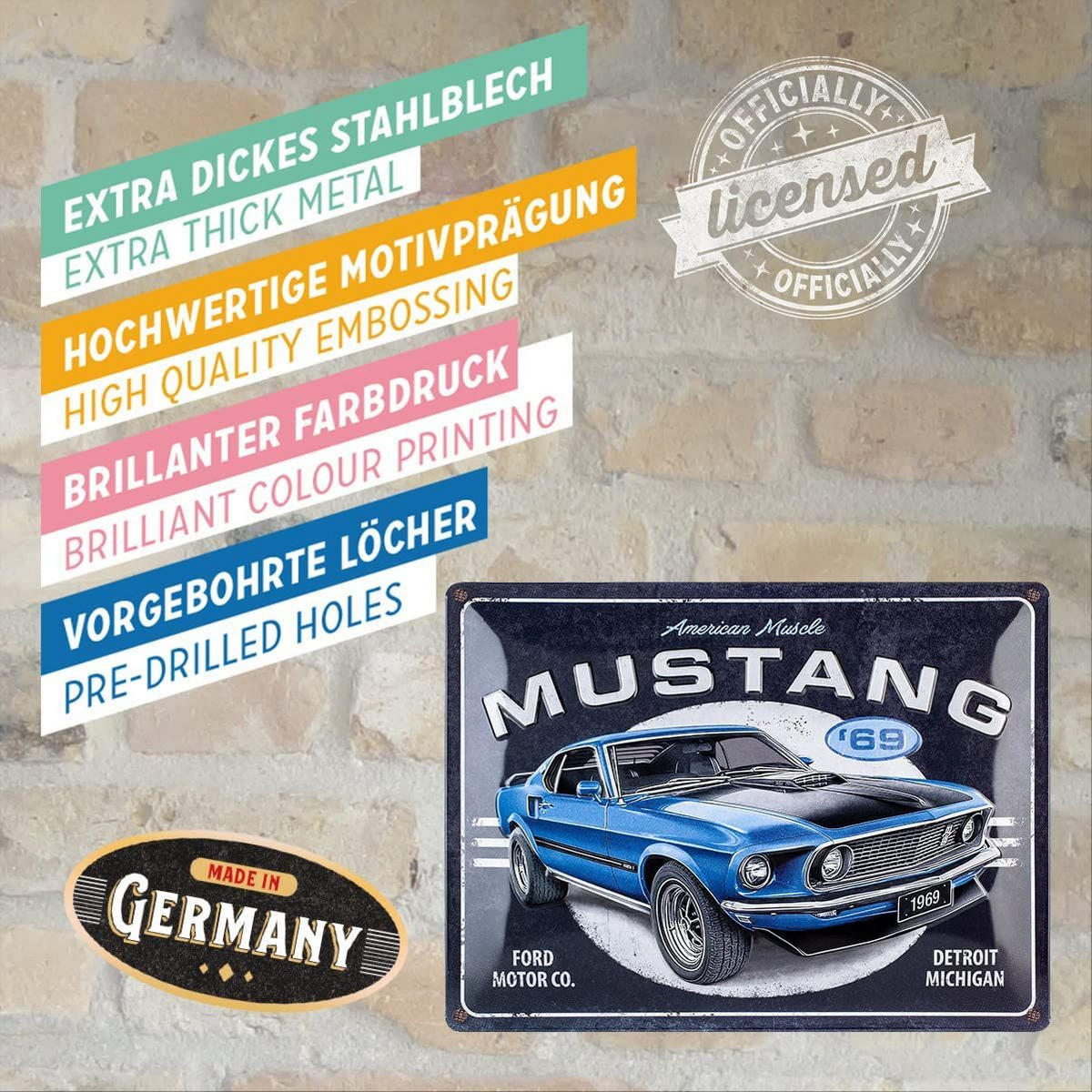 BLECHSCHILD 30/40 cm Ford Mustang Blue ´69 - Multicolor, Metall (40/30/0.2cm) - Nostalgic-Art