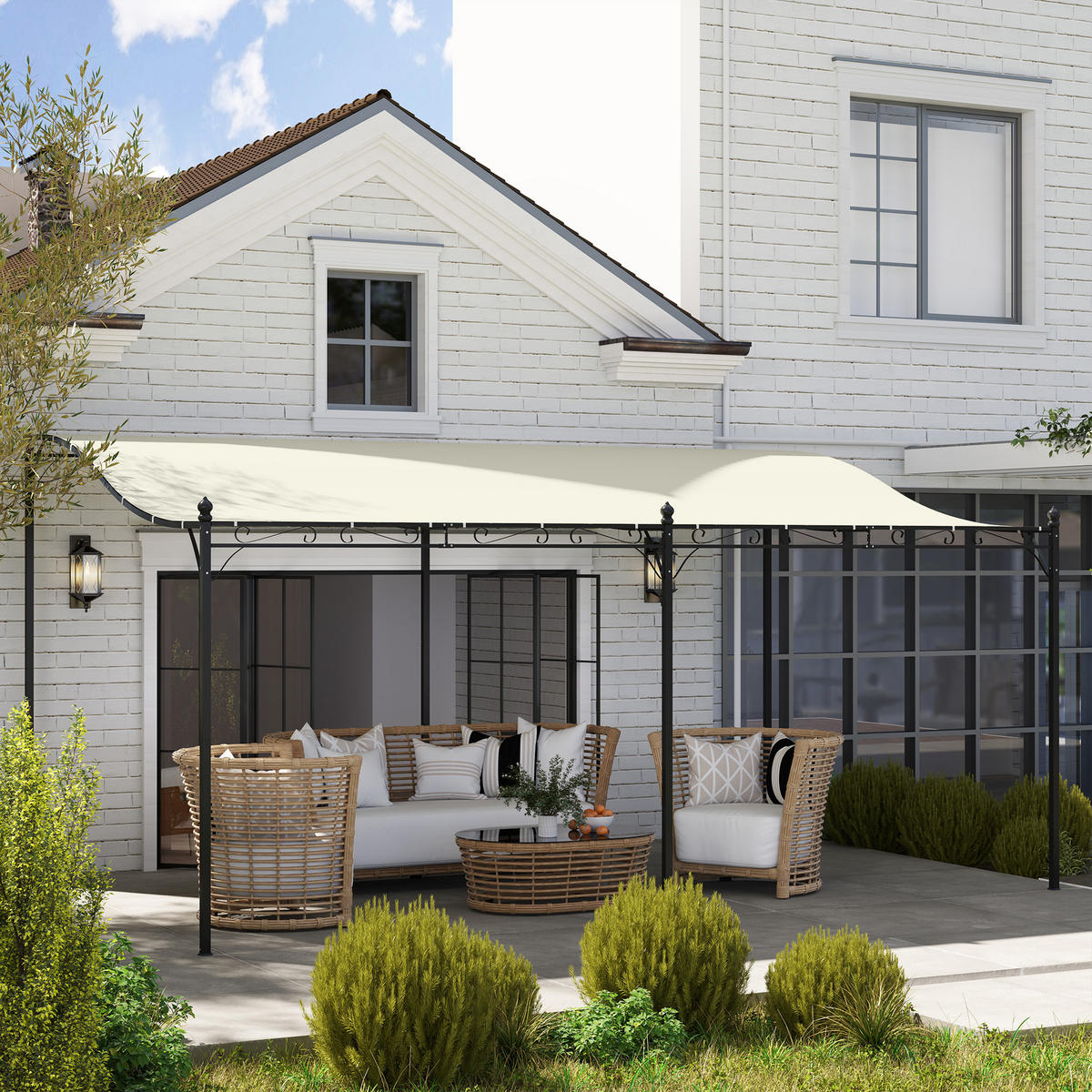 ANBAUPAVILLON Pergola mit Dach - Creme, Metall (298/253/491cm) - Outsunny