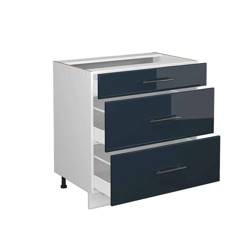 KÜCHENUNTERSCHRANK Fame-Line Dunkelblau Hochglanz 80 cm mit 3 Schubladen ohne AP - Weiß/Dunkelblau, Holzwerkstoff (80/82/51.6cm) - Vicco