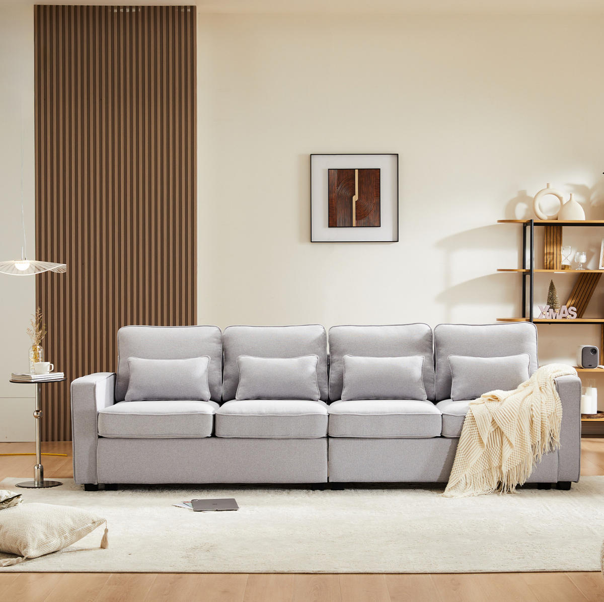 4-SITZER Sofa 264/87/83 cm Grau aus Leinen mit Armlehnentaschen - Hellgrau, Textil (83/87/264cm) - OKMYHOME