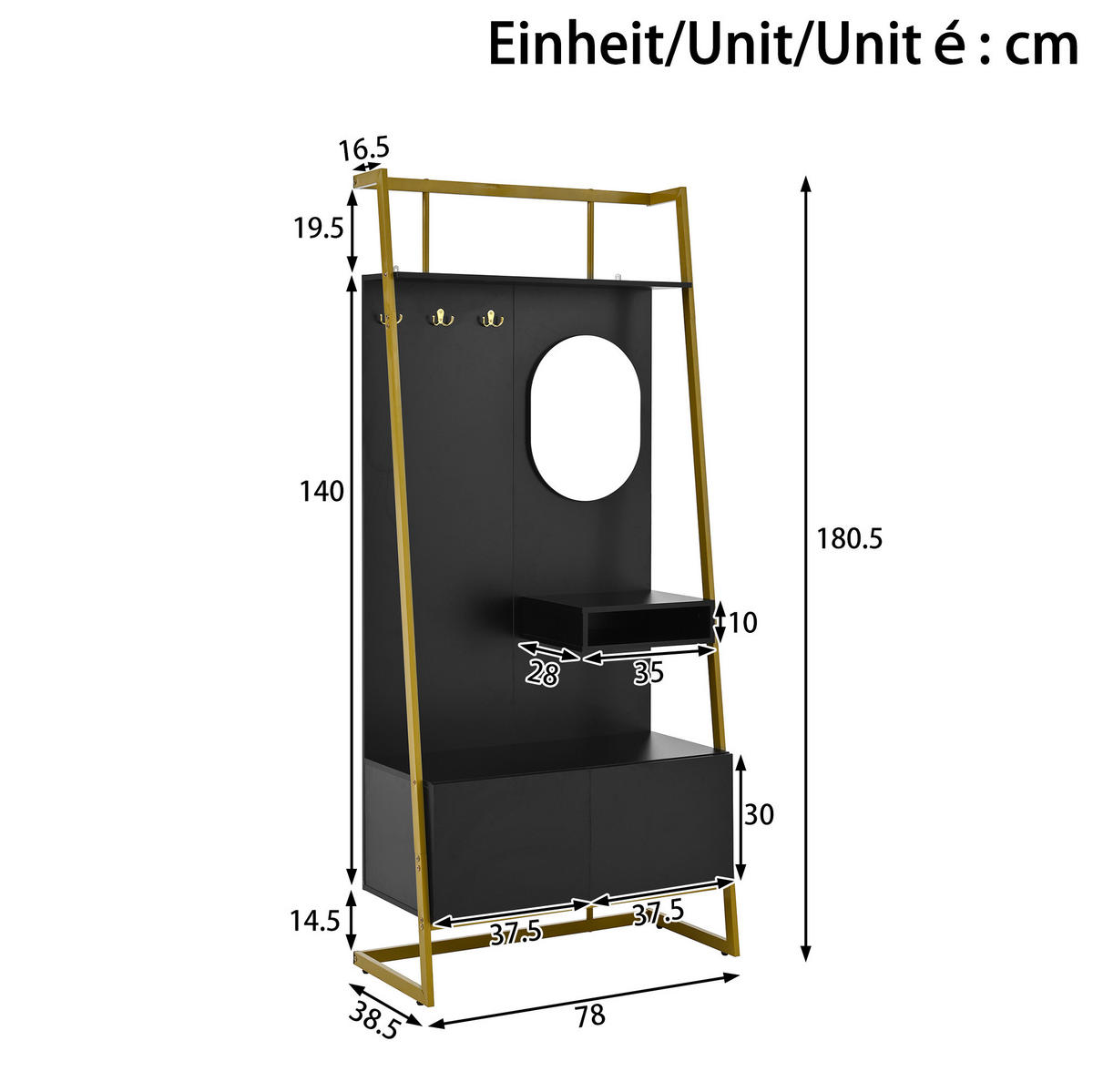 STANDGARDEROBE mit Spiegel und Schuhablage 78/38,5/180,5 cm in Schwarz - Schwarz, Holzwerkstoff (78/180.5/38.5cm) - BEAOK