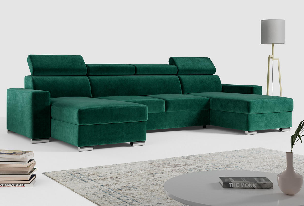 WOHNLANDSCHAFT FOX U Dunkelgrün - Velvet - Dunkelgrün/Silberfarben, Kunststoff/Textil (306/98/168cm) - MKS