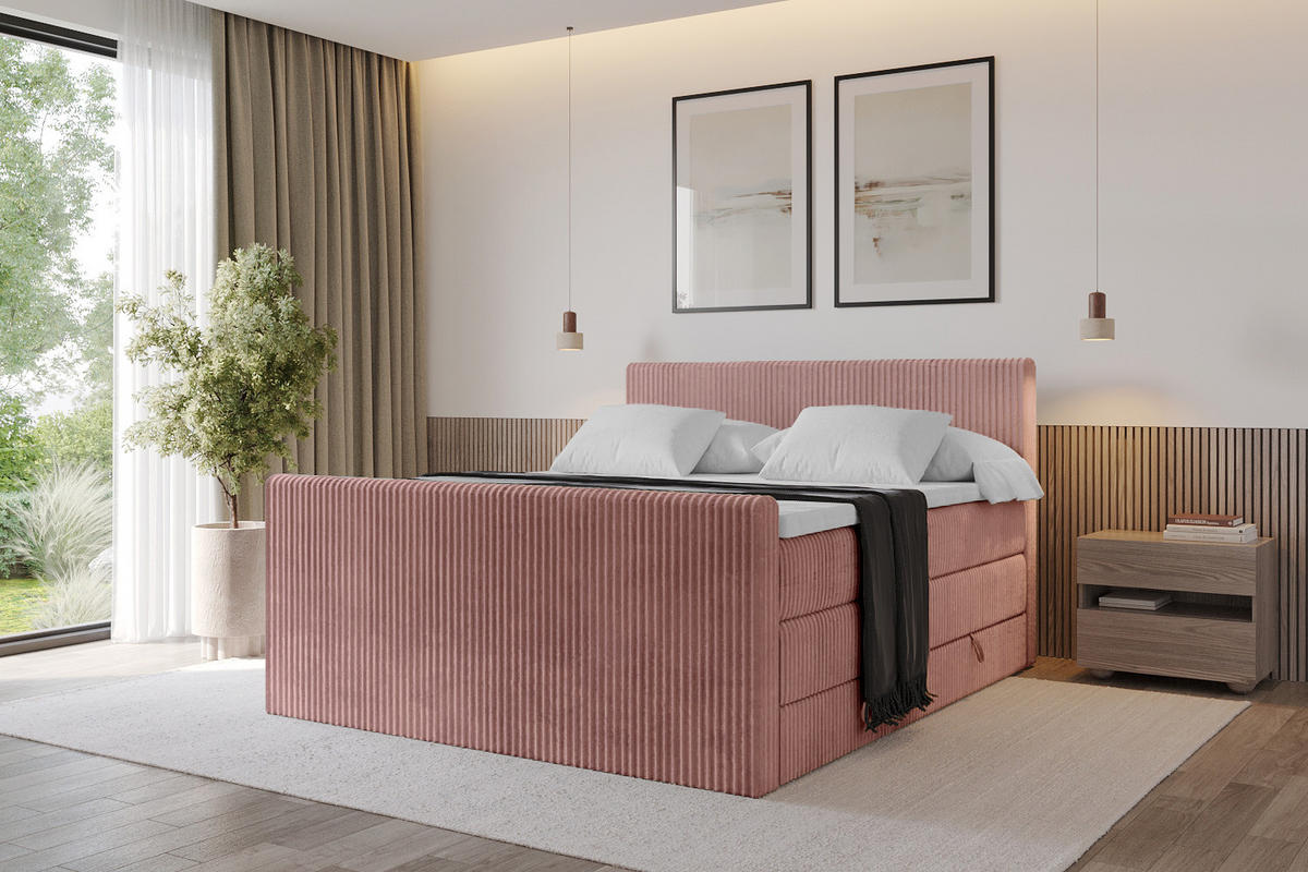 BOXSPRINGBETT mit Matratze H3|H4 und Lattenrost - TOLO-Z KING 120x200 Cord - Hellrosa - Hellrosa, Holzwerkstoff (120/200cm) - ALTDECOR