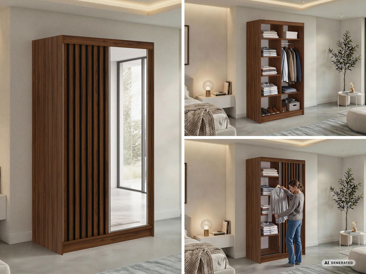 SCHWEBETÜRENSCHRANK mit Spiegel LAOS - 120 - Warmia Walnuss - Schwarz Lamellen - Walnussfarben/Alufarben, Holzwerkstoff/Metall (120/216/61cm) - MKS