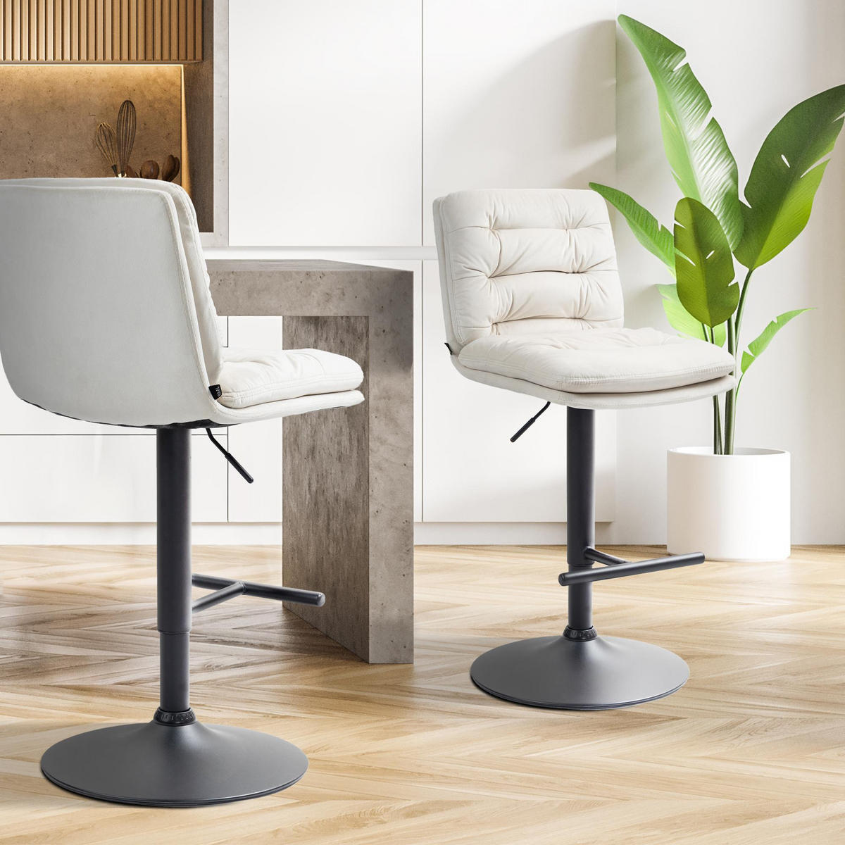 BARHOCKER 2er Set Samt creme - Creme/Schwarz, Textil/Metall (42/94/56cm) - CLP