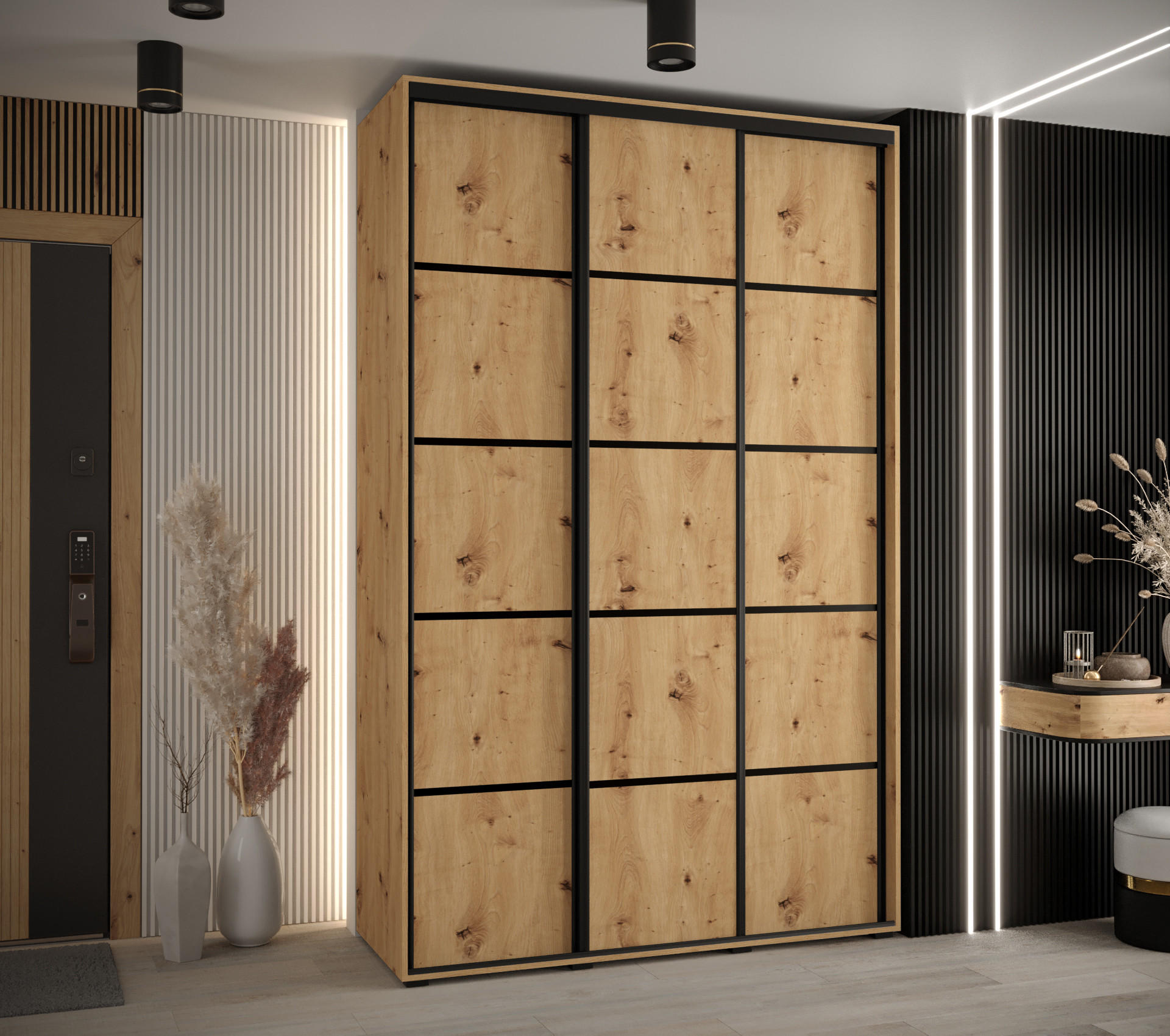 SCHWEBETÜRENSCHRANK 235,2/160/45 3-türig - Schwarz/Eiche Artisan, Holz/Metall (160/235/45cm) - Abiks Möbel
