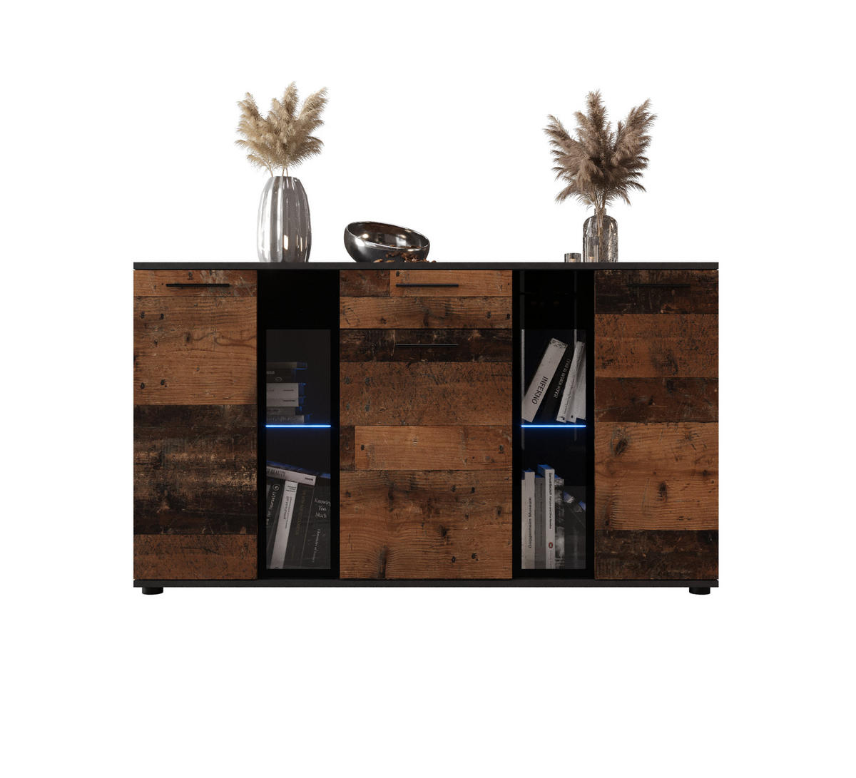 KOMMODE London LSK mit 3 Türen, Sideboard in Farbe: Dunkelbraun|Schwarz, Größe: 140 x 80 x 40 cm - Dunkelbraun/Schwarz, Holzwerkstoff (140/80/40cm) - O-Sofa