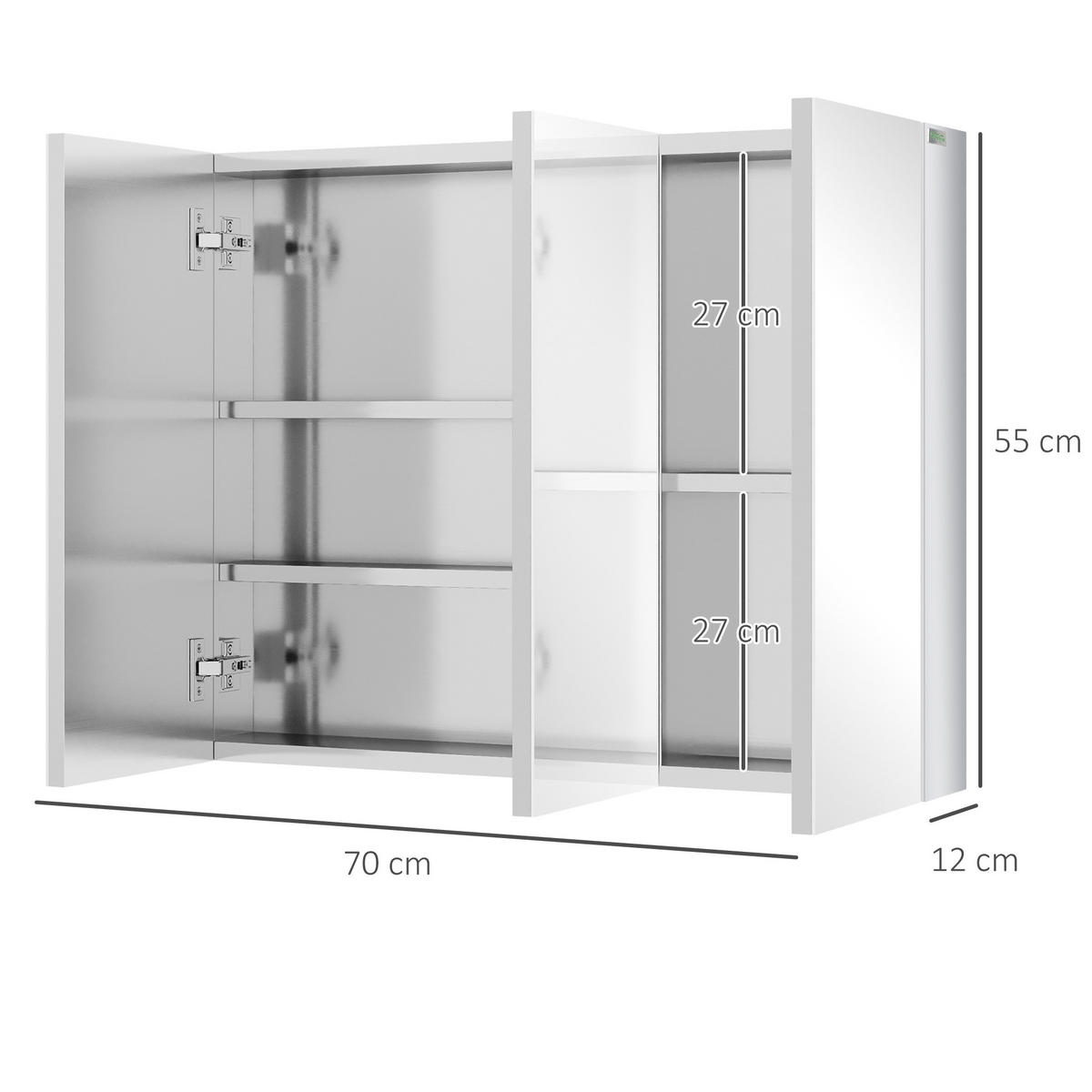 SPIEGELSCHRANK mit 5 Ablagen, 3 Glastüren, Edelstahl, 70 x 12 x 55 cm, Silber - Silberfarben, Glas (12/55/70cm) - Kleankin