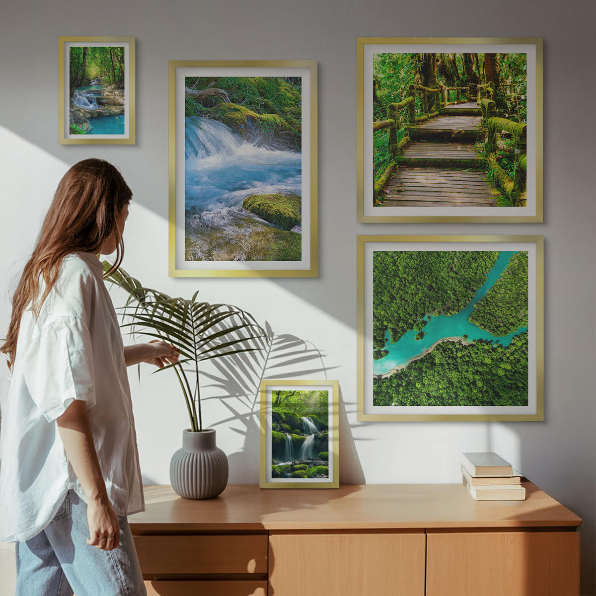 WANDBILDER 5er Set - 50x50 cm & 20x30 cm & 40x60 cm Goldrahmen - Grüne Berge, Flussfelsen - Goldfarben, Kunststoff (40/60cm) - ArtPrintCave