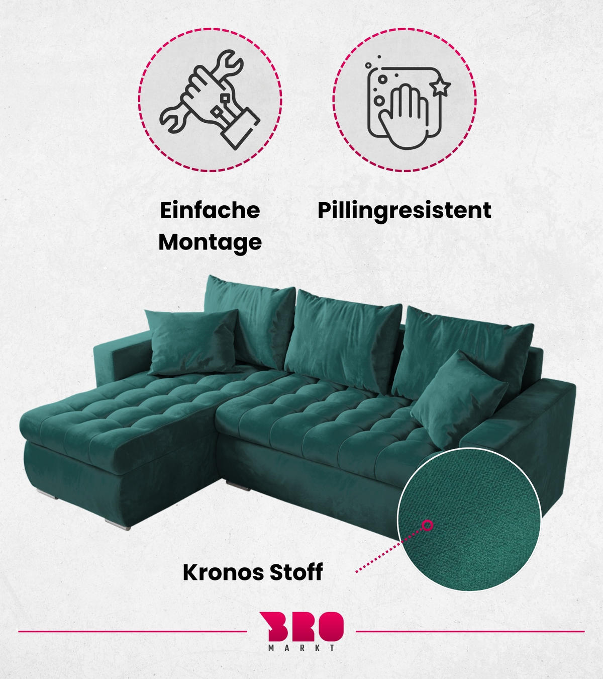 ECKSOFA Luis mit Schlaffunktion Grün Samt - Silberfarben/Grün, Kunststoff/Textil (148/238cm) - Bromarkt