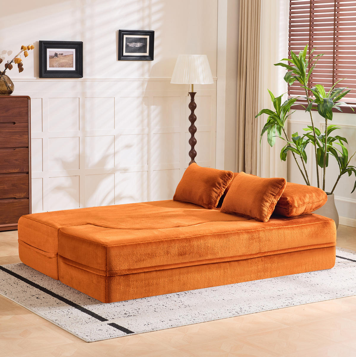 SCHLAFSOFA aus Schaumstoff und Feder Orange klappbar mit 4 Kissen und multifunktionalem Design - Orange, Kunststoff (198/76/60cm) - Modfu