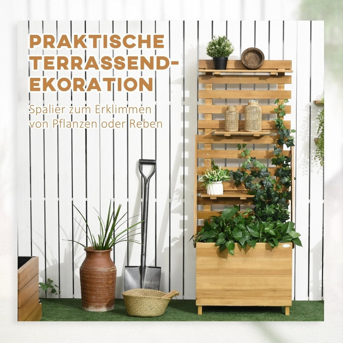 BLUMENKASTEN aus Holz 63x39x160 cm in Braun mit Rankgitter & 3 Ablagen - Braun, Holz (39/160/63cm) - Modfu