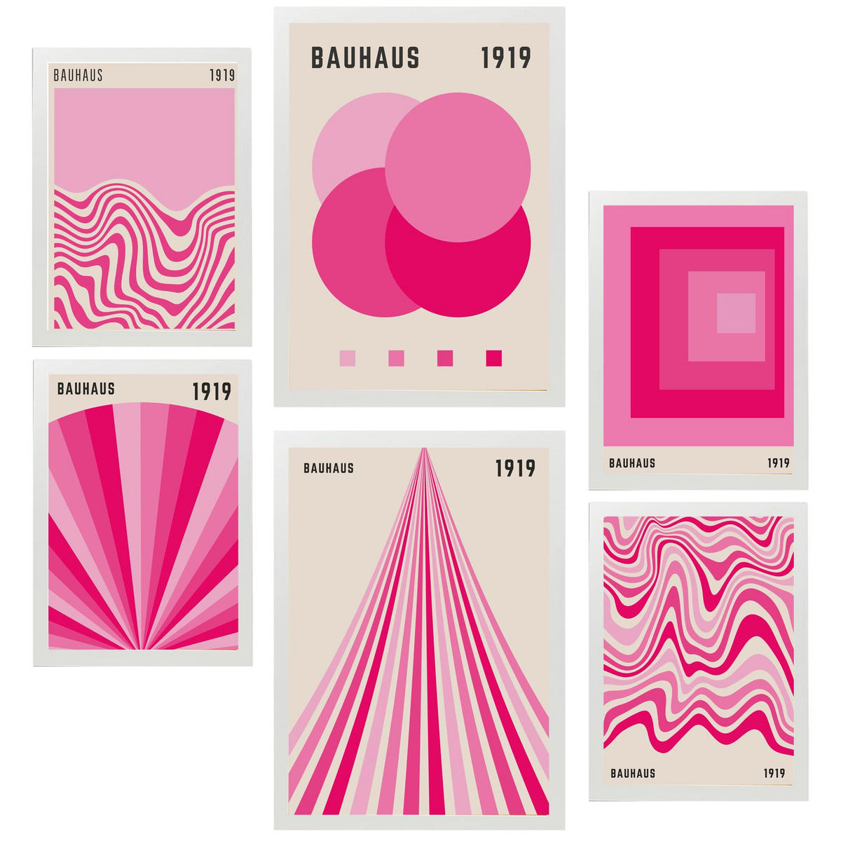 POSTER Set Mit 6 Geometrische Bauhaus Formen In Leuchtenden Farben In Pink & Fuchsia A3 & A4 Weißer Rahmen - Weiß, Papier (29/3cm) - Nacnic
