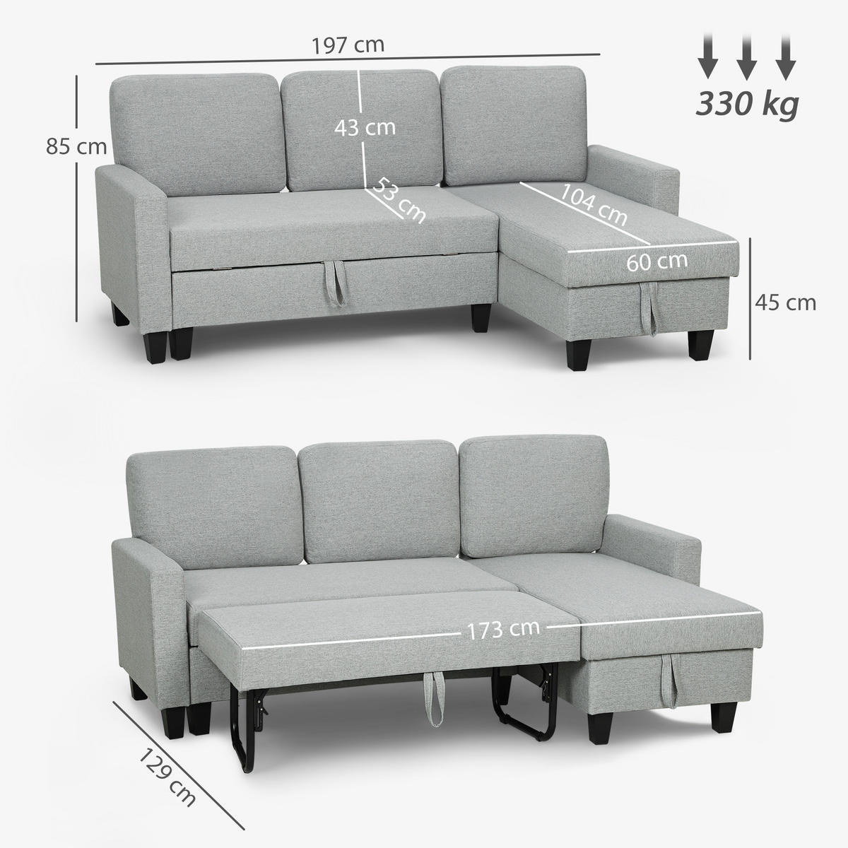 ECKSCHLAFSOFA DE-14616 mit Bettfunktion und Stauraum Hellgrau - Hellgrau, Textil (129/197cm) - ComfortXL