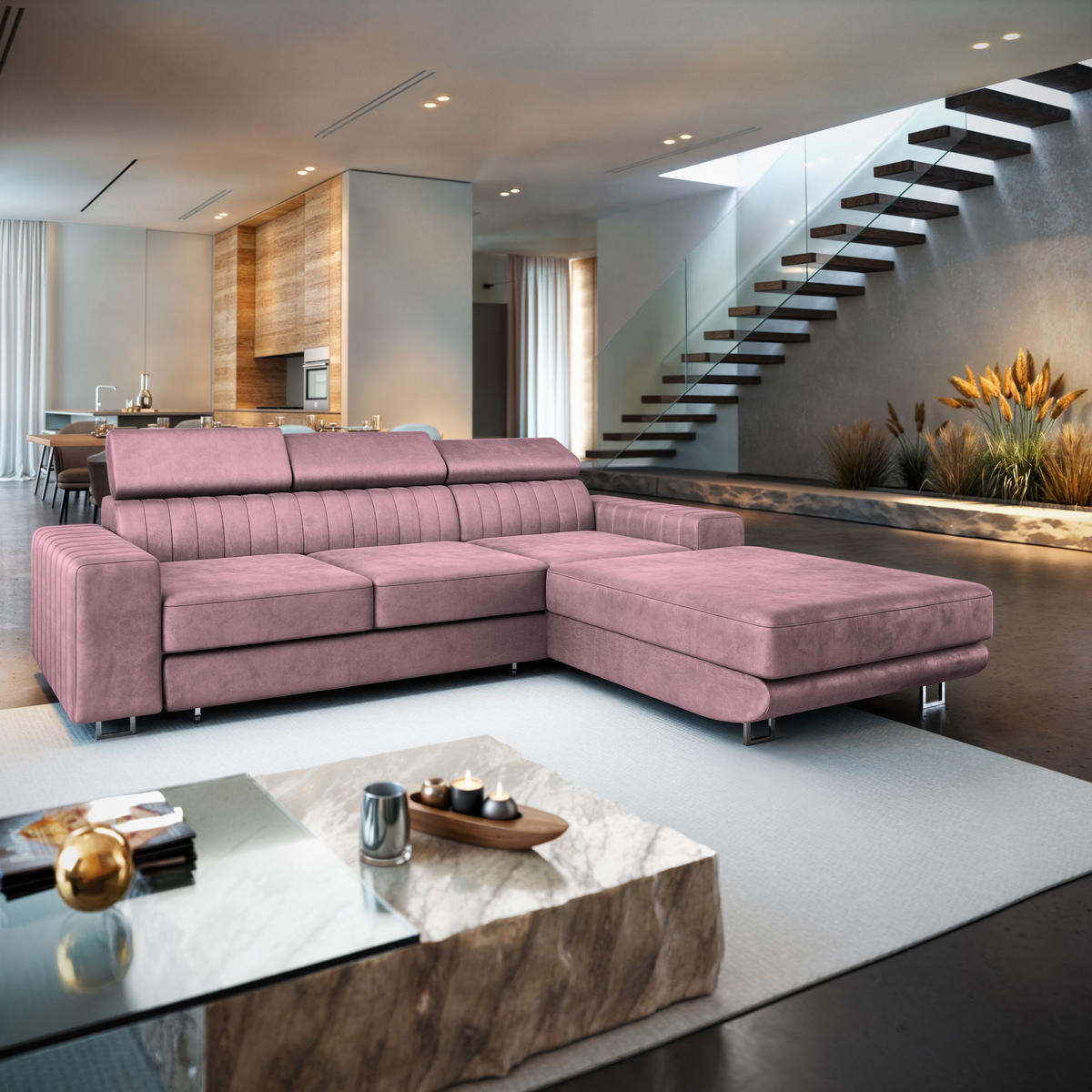 ECKSOFA NOTO R-S Lila Velours-Stoff mit Schlaffunktion - Lila, Holz (267/190cm) - MASSENO
