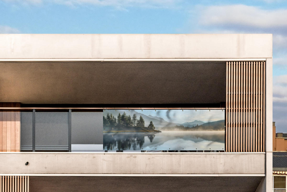 BALKON-SICHTSCHUTZ See - Nebel - Berge - Landschaft - Hellblau, Kunststoff (300/90cm) - MuchoWow