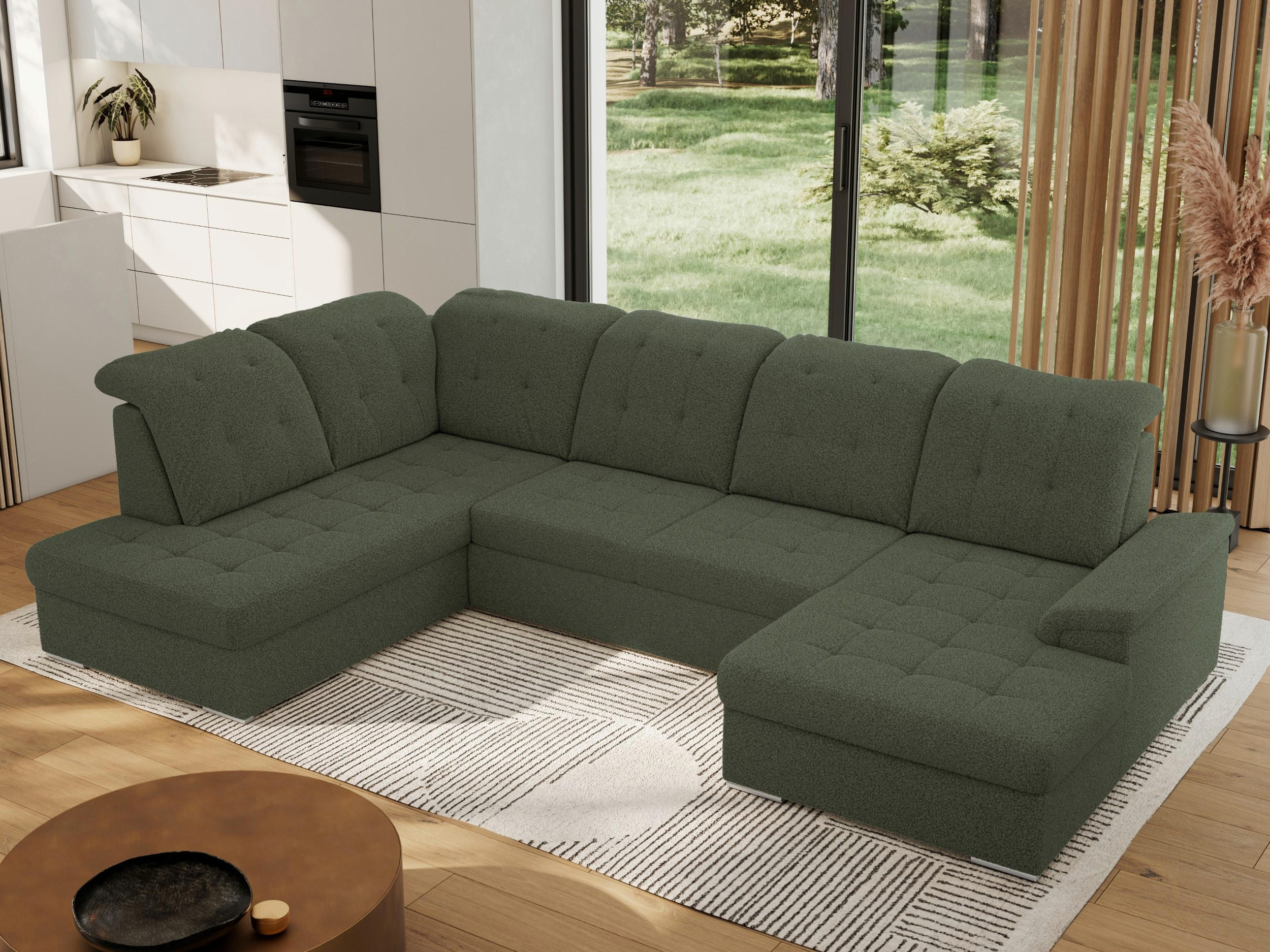 WOHNLANDSCHAFT MADRITO U - Grün Boucle - Links - Silberfarben/Grün, Textil/Metall (204/89/323cm) - MKS