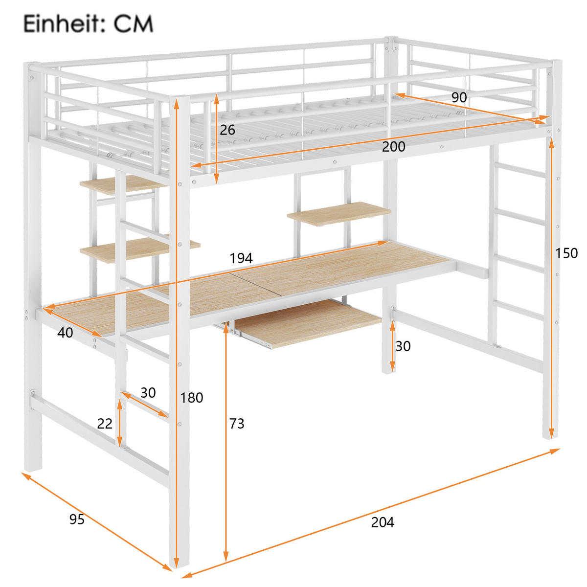 HOCHBETT 90/200 cm in Weiß mit Schreibtisch und 2 Regalen aus Metall - Weiß, Metall (90/200cm) - Flora Grace