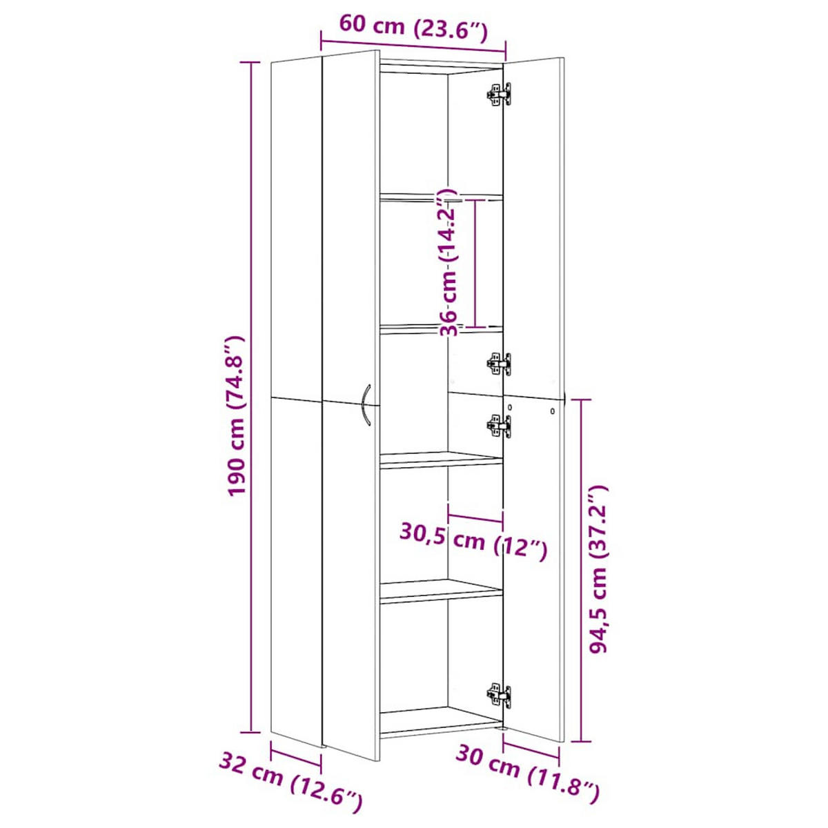 BÜROSCHRANK SONOMA-EICHE 60X32X190 CM HOLZWERKSTOFF - Sonoma Eiche, Holz (32/190/60cm) - vidaXL