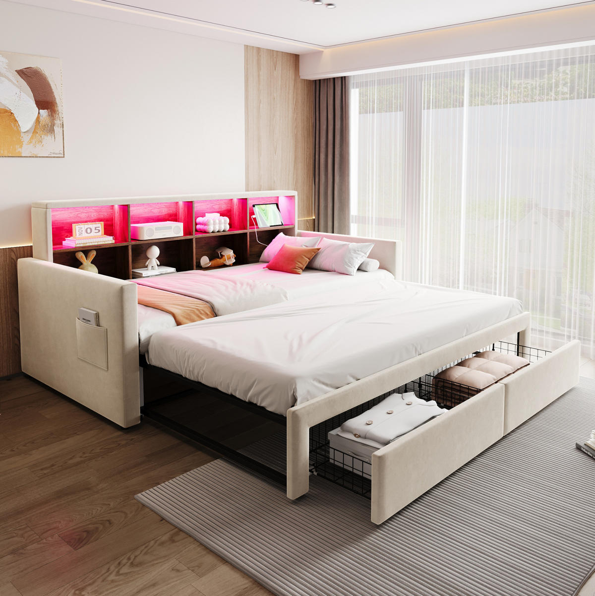 POLSTERBETT 90/180×190 cm aus Samt in Beige mit LED-Beleuchtung und Stauraum - Beige, Textil (90/190cm) - Flora Grace