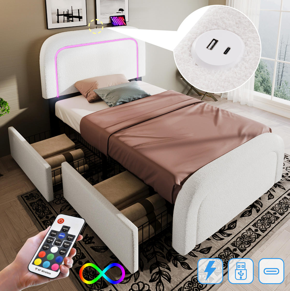 KINDERBETT aus Sherpa 90x200 cm Weiß mit LED-Beleuchtung, USB-Type-C und 2 Schubladen, inkl. Matratze - Weiß, Textil (90/200cm) - Modfu