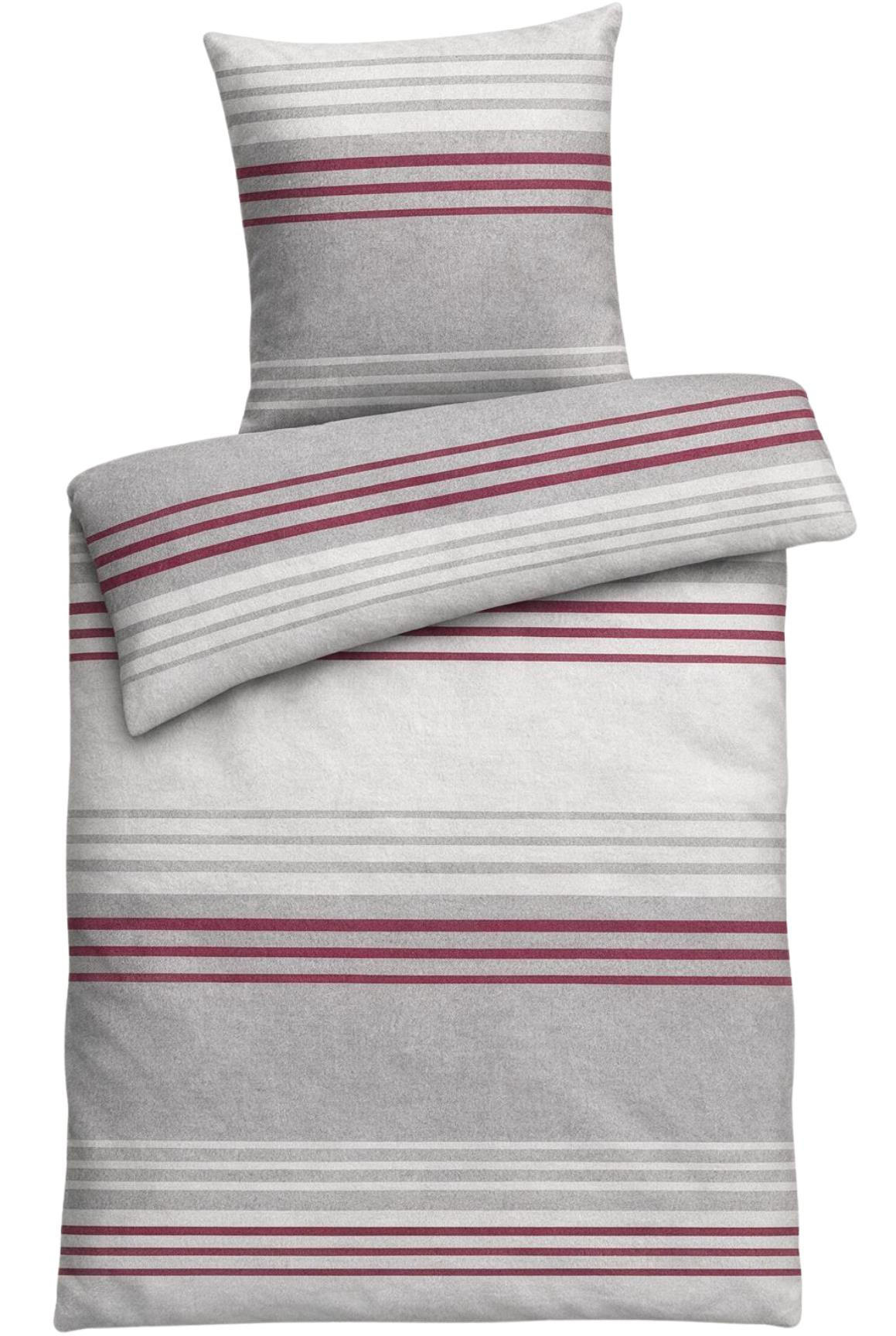 BIBER-BETTWÄSCHE 155x220 - Made in Germany! Flauschig warmer Flanell Bettbezug mit Streifen Muster aus 100% Baumwolle für Herbst & Winter - Rot Grau - Rot, Textil (155/220cm) - Carpe Sonno