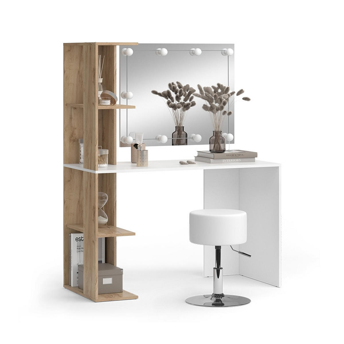 SCHMINKTISCH Tower Weiß/Sonoma 122.2 cm mit Beleuchtung und Hocker - Weiß/Sonoma Eiche, Holzwerkstoff (122.2/75.8/55.2cm) - Vicco