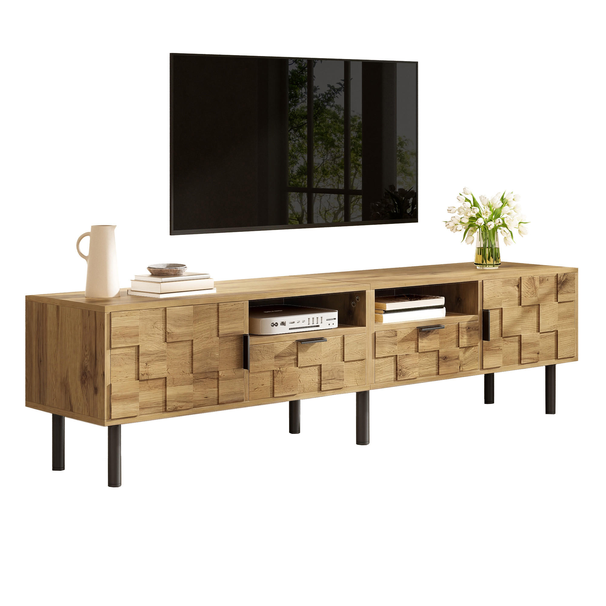 TV-SCHRANK Mosaik Lowboard 2 Türen 2 Schubladen Metallfüße - Naturfarben, Holzwerkstoff (35/42.5/160cm) - FLIEKS