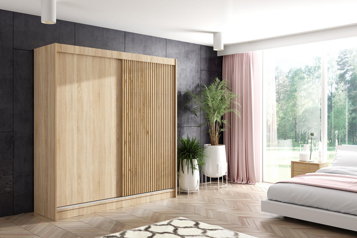 KLEIDERSCHRANK VILAN mit Lamel/LED - 200 cm - Sonoma Eiche|Eichefarben - Eichefarben/Sonoma Eiche, Holzwerkstoff (200/215/61cm) - ALTDECOR