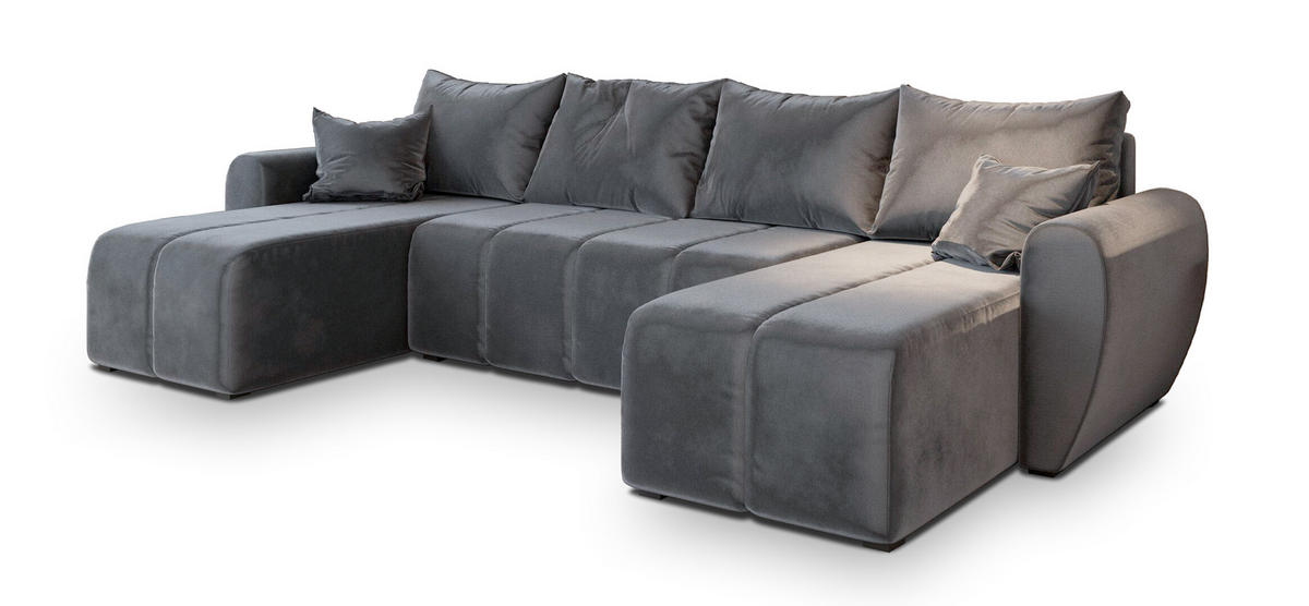 WOHNLANDSCHAFT MADISON U Grau Plüsch-Stoff mit Schlaffunktion - Grau, Holz (311/82/145cm) - MASSENO