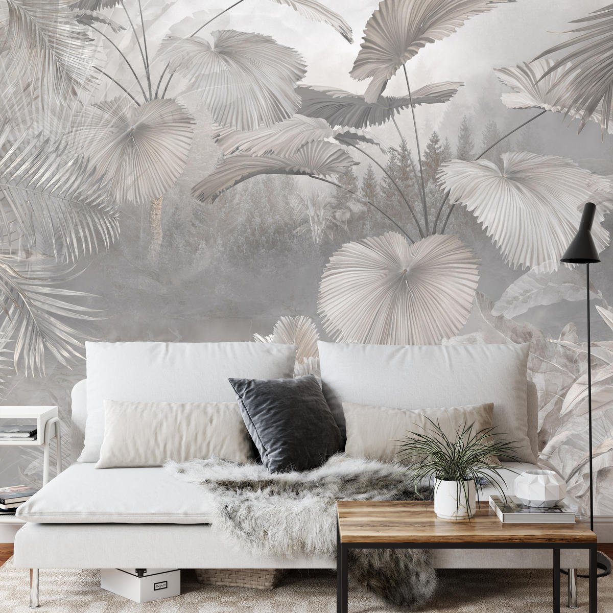 FOTOTAPETE für Wohnzimmer Tropische Blätter Dschungel Palmen Grau 300x210 - Beige/Grau, Papier (300/210cm) - Muralo