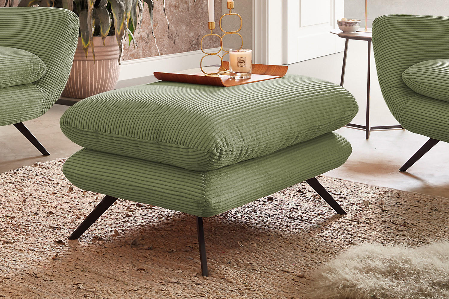 SESSEL CHARME Grün Cord - Schwarz/Grün, Textil/Metall (100/106/95cm) - KAWOLA