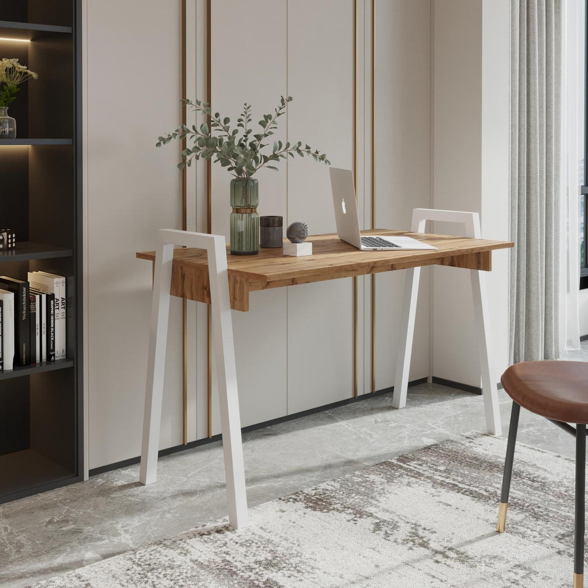 SCHREIBTISCH Frame Wotan Eiche, mit Weiß Metallbeine - Eiche Wotan/Weiß, Holzwerkstoff (680/1200/820cm) - Bettso