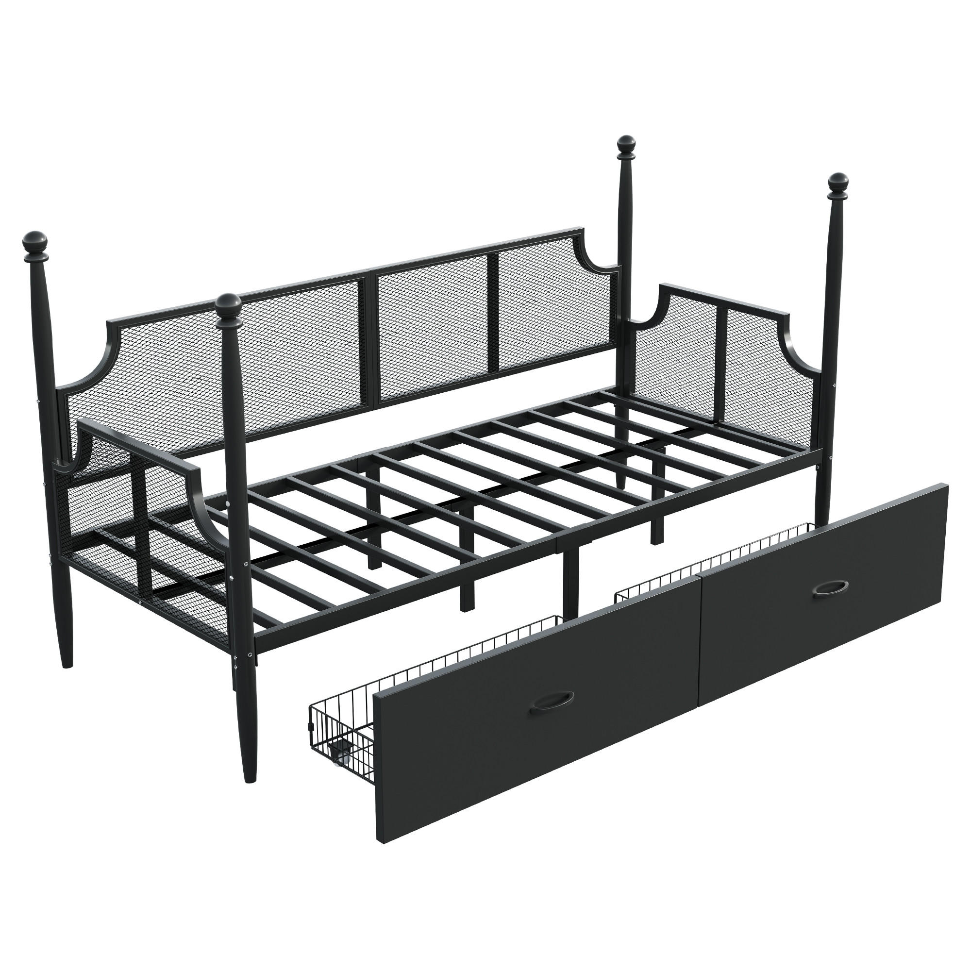 METALLBETT 90/200 cm Schwarz mit Netzrückenlehne und Ablagefächern - Schwarz, Metall (90/200cm) - Oxeza