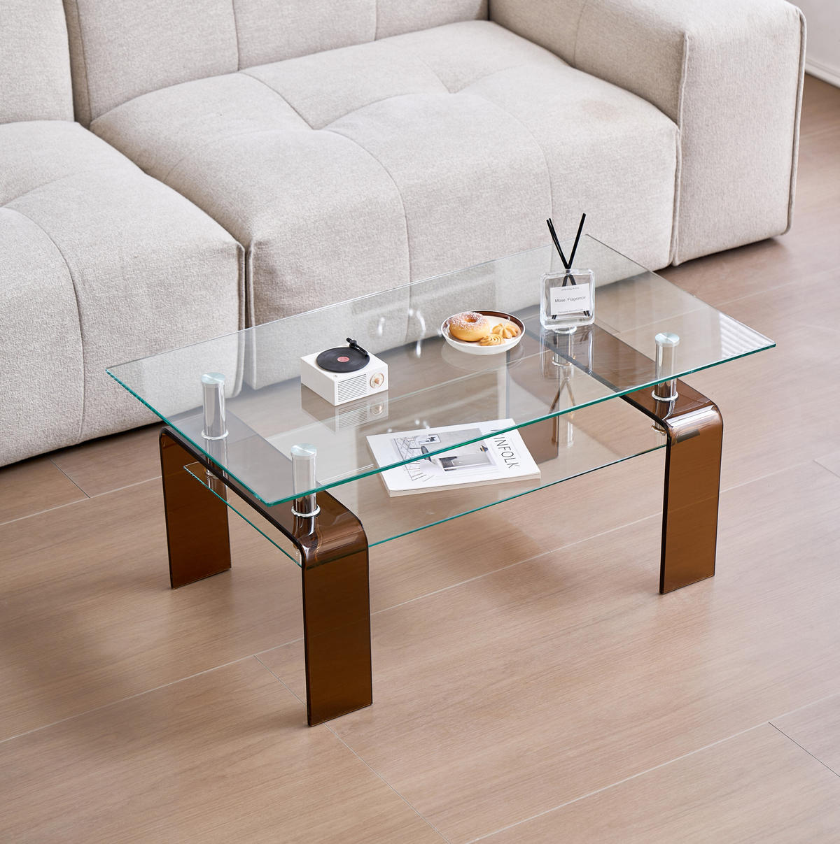 COUCHTISCH 2-stufig 100 x 55 x 45 cm Glas Metall Braun - Klar, Metall (100/55/45cm) - Meubliv