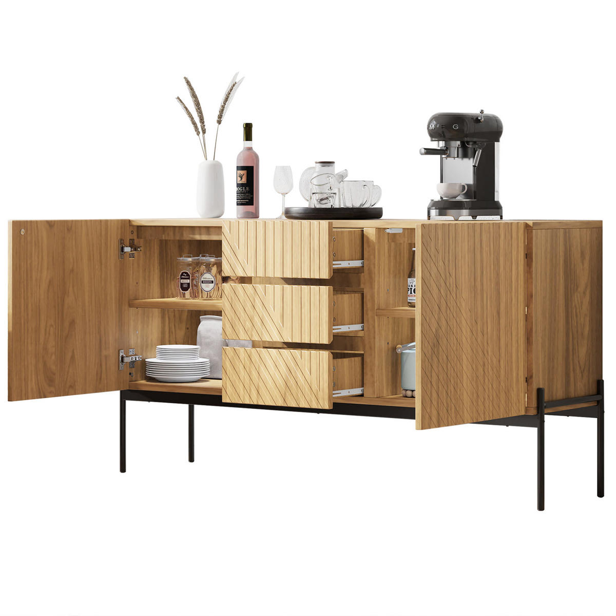SIDEBOARD 140/40/75 cm mit 2 Türen, 3 Schubladen und Metallbeinen - Naturfarben, Holzwerkstoff (140/75/40cm) - BEAOK