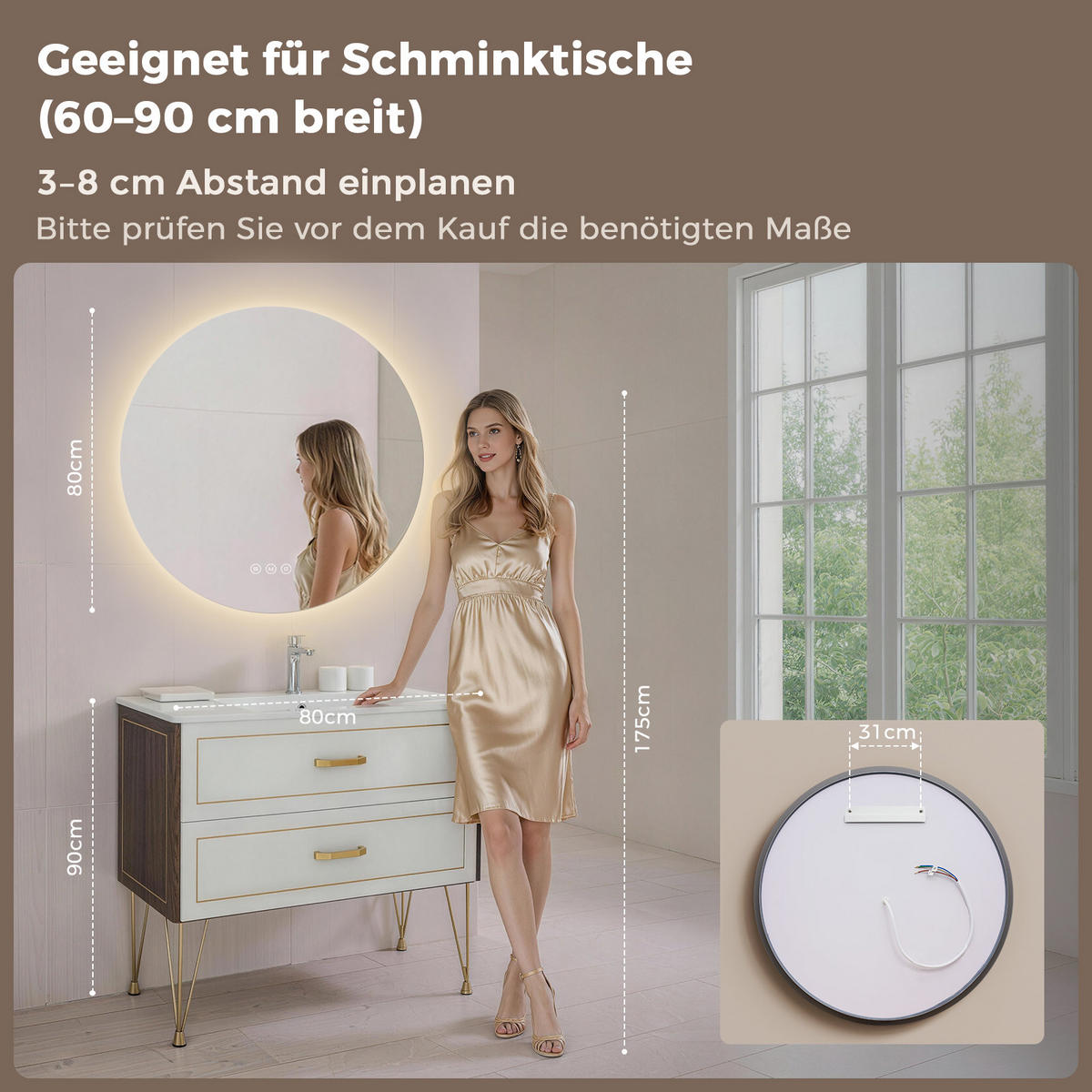 BADSPIEGEL MIT BELEUCHTUNG 80 cm Rund mit dimmbarer LED-Beleuchtung und Antibeschlag - Transparent, Glas (80/80/3.5cm) - S'AFIELINA
